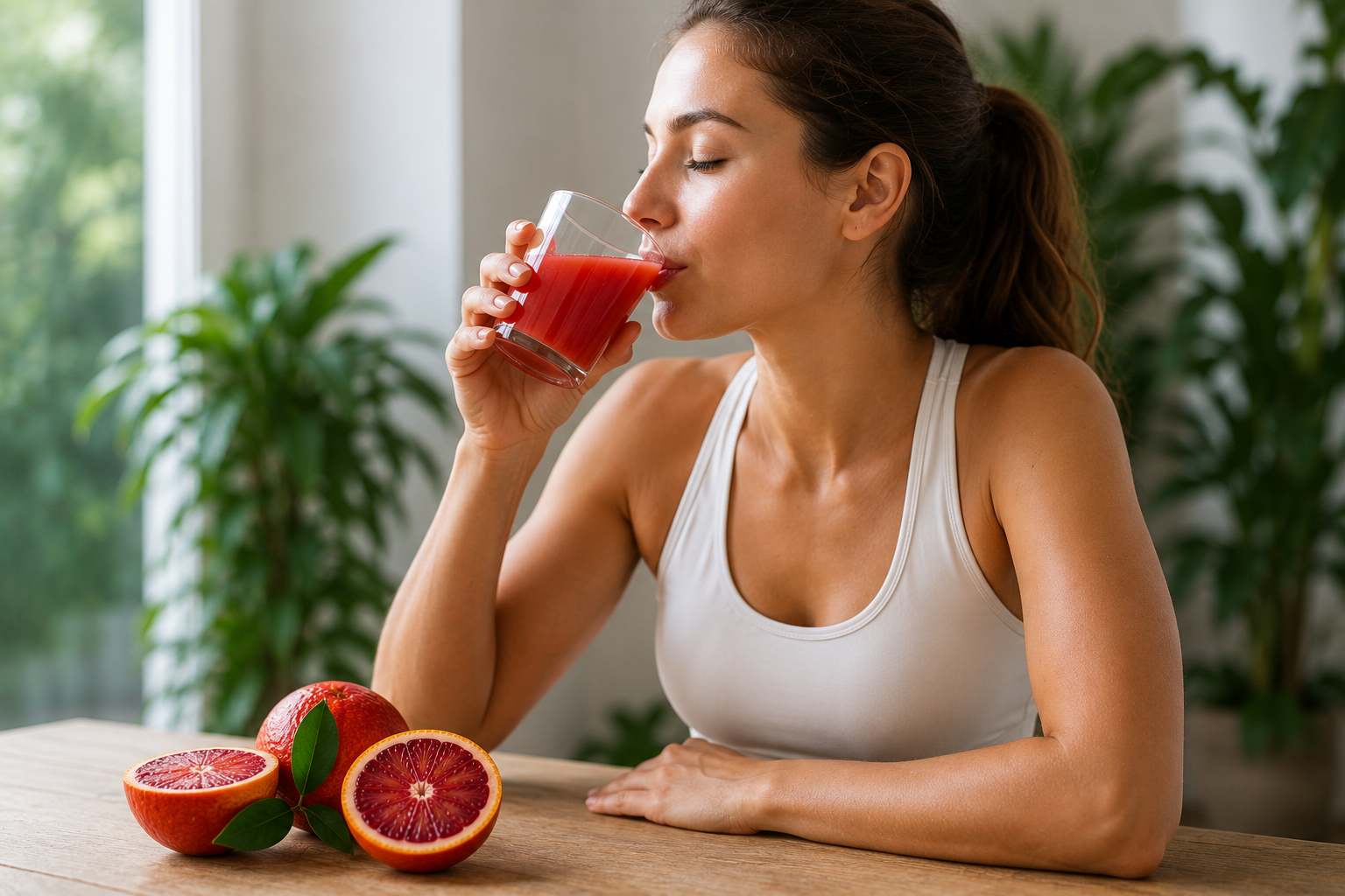 woman drinking blood oranges