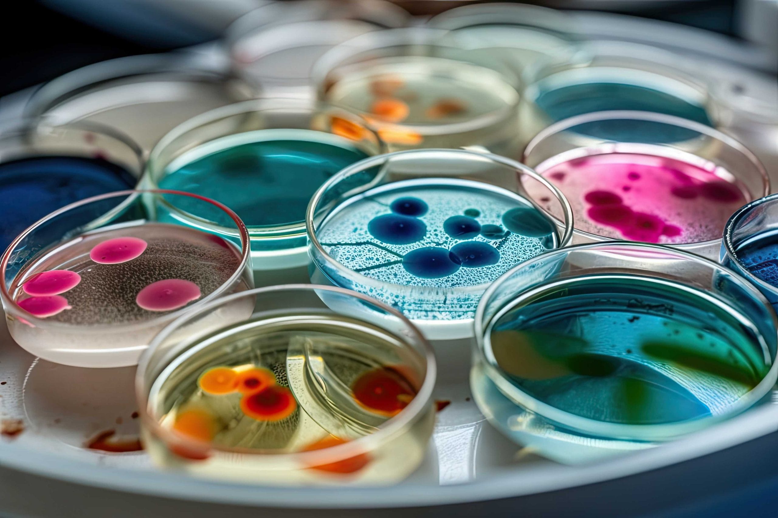 Colorful variety of microorganism inside petri dish plate in laboratory with super macro zoom background, including of bacteria, protozoa, algae, and fungi, with Generative AI.