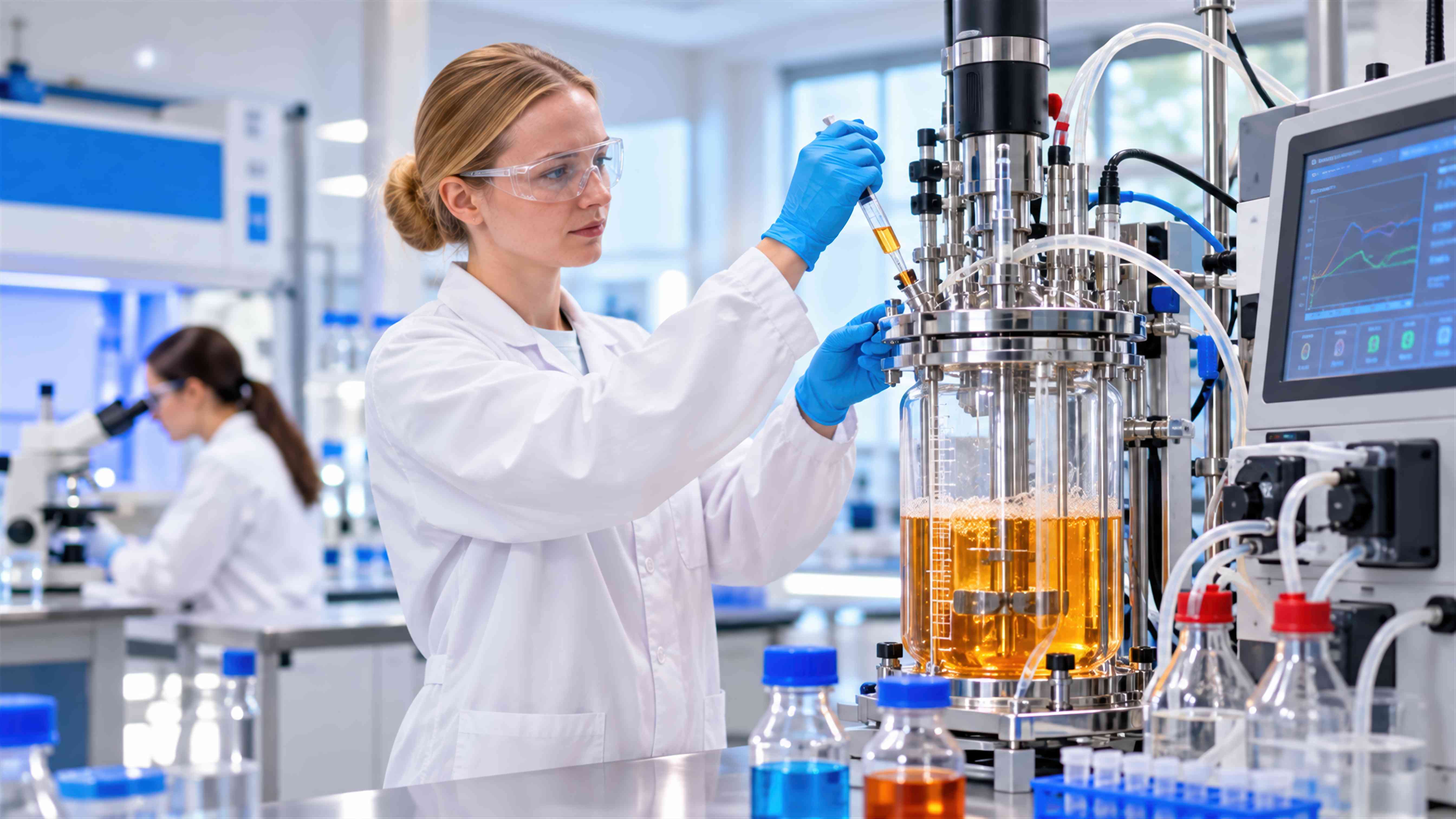 Professional female scientist performing experiment in modern biotechnology laboratory using automated fermentation bioreactor system