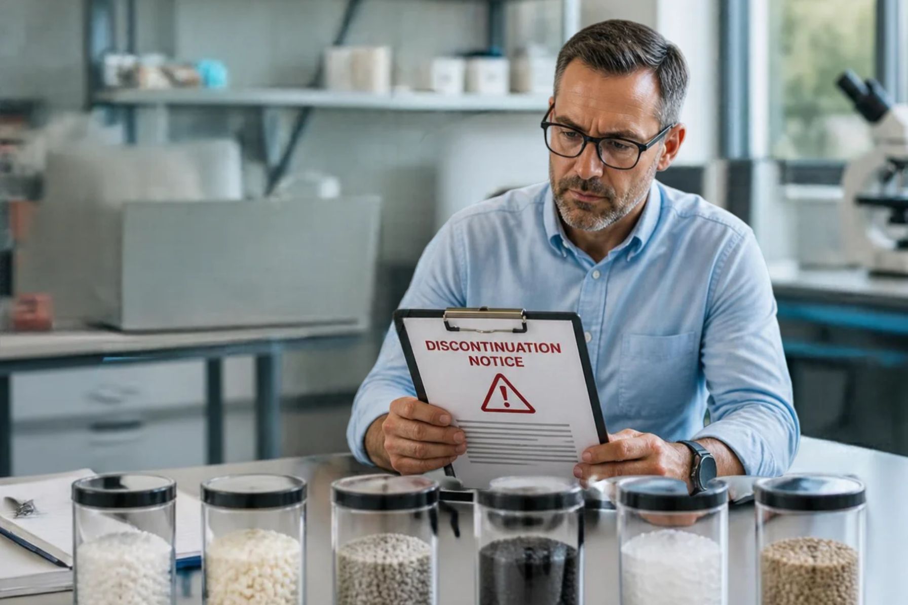 Purchasing manager reviewing a discontinuation notice next to samples of alternative raw materials