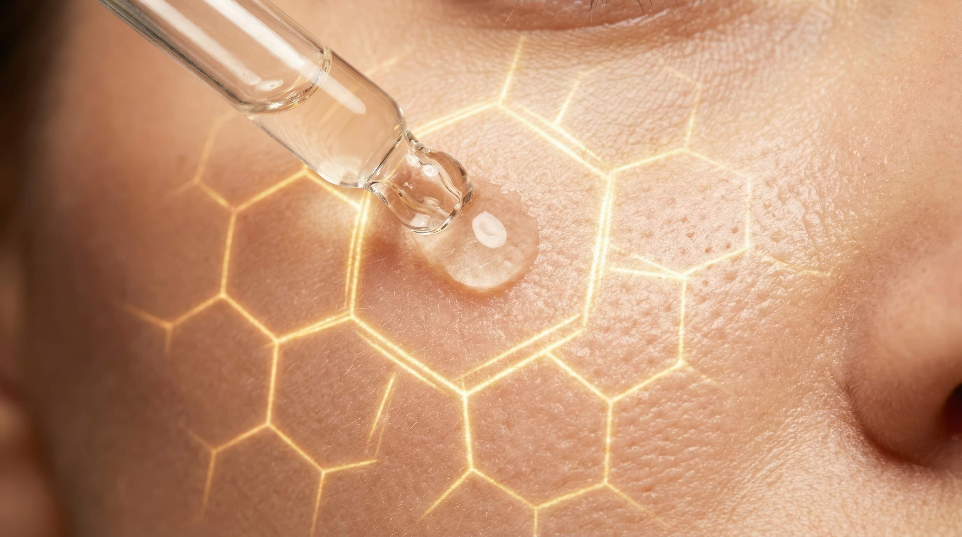 Woman applying a drop of cosmetic serum to her face, showing animated hexagonal cellular patterns representing skin rejuvenation, hydration;