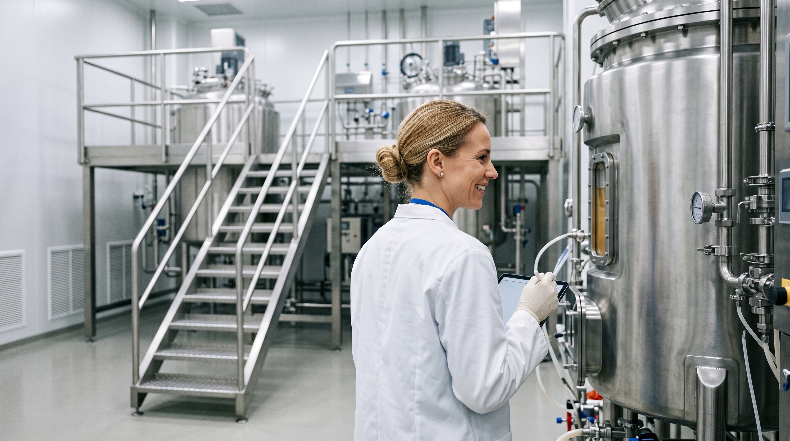Scientist in lab coat inspects large stainless steel fermentation tank with tablet in modern pharmaceutical manufacturing facility
